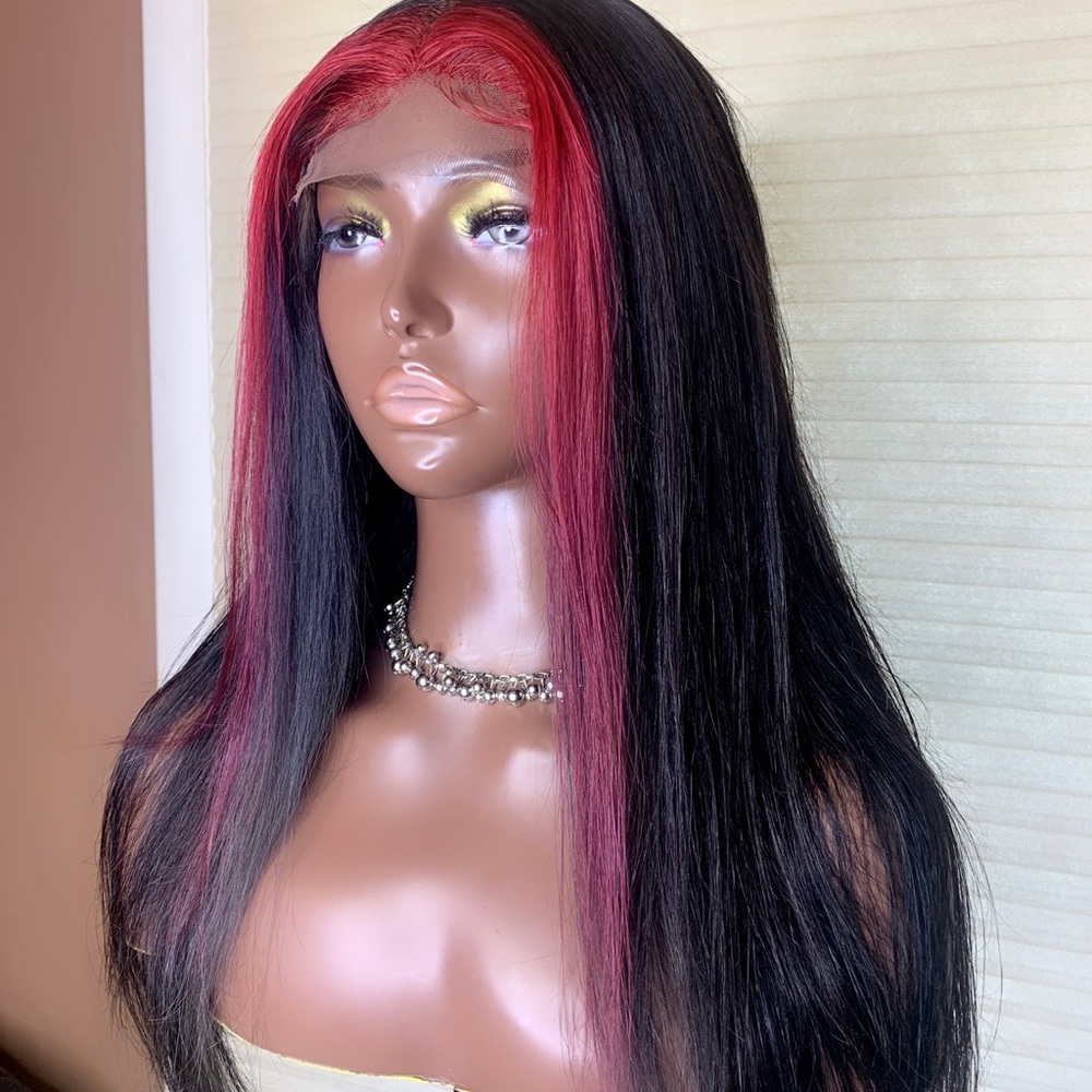 New Luxury 16inch Red Skunk Patched Human Hair Lace Closure Wig